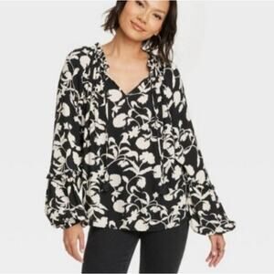 Knox Rose women balloon sleeve peasant blouse top XL boho chic casual career NEW